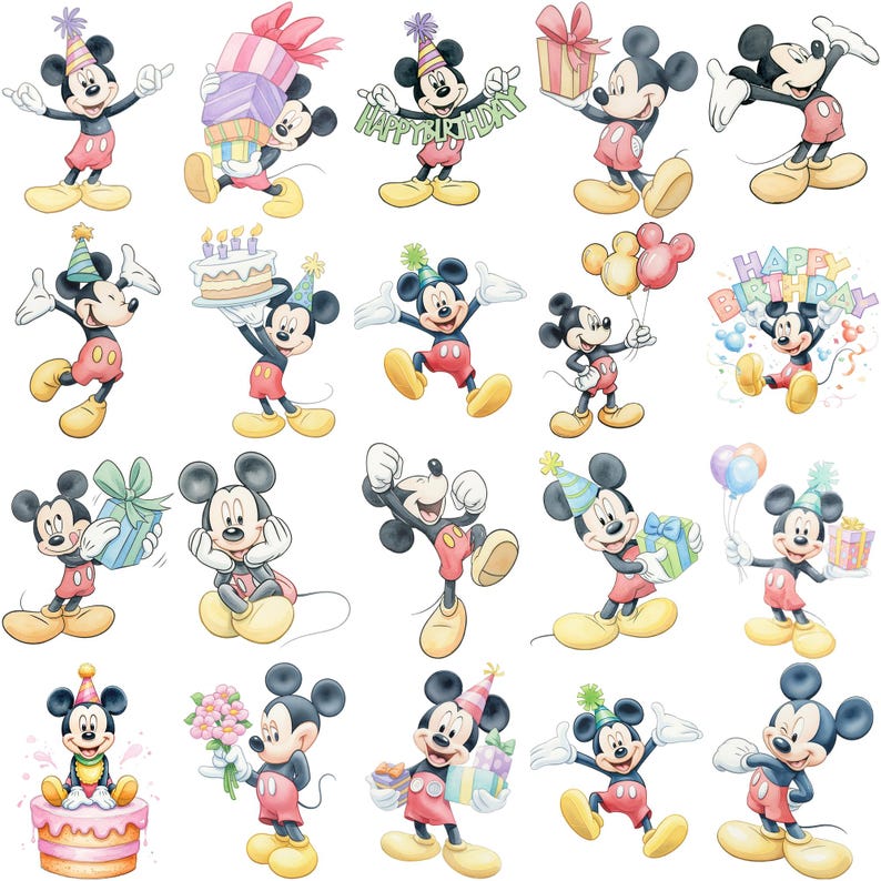 May include: A collection of twenty illustrations featuring Mickey Mouse in various birthday-themed poses, wearing party hats, holding colourful gift boxes, balloons, bouquets of flowers, and birthday cakes with the text Happy Birthday.