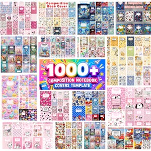 May include: A digital collection of 1000+ composition notebook covers featuring various cartoon characters, colourful patterns, and themes. The central graphic displays the text 1000+ COMPOSITION NOTEBOOK COVERS TEMPLATE with stars and a pencil icon.