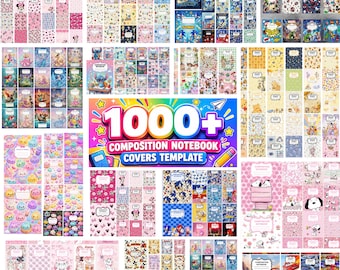 May include: A digital collection of 1000+ composition notebook covers featuring various cartoon characters, colorful patterns, and themes. The central graphic displays the text 1000+ COMPOSITION NOTEBOOK COVERS TEMPLATE with stars and a pencil icon.