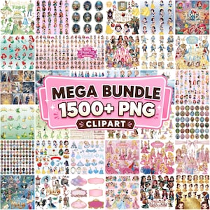 1500+ Prinsessa Mega Bundle PNG-filer, Sagoprinsessa Clipart, Födelsedagsfestdekor, Tecknad Prinsessa Digital Nedladdning