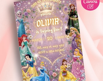 Könnte beinhalten: Eine lavendelfarbene Geburtstagseinladung zum Thema Prinzessin mit Disney-Prinzessinnen. Die Einladung enthält den Text "Feiern Sie mit uns", "Olivia wird fünf!" und RSVP-Informationen. Das Design ist mit Blumen, Schmetterlingen und einer Krone verziert.