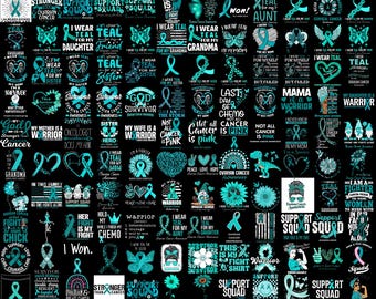 May include: A digital collection of teal-coloured graphic designs featuring awareness ribbons, inspirational text, butterflies, flowers, and hearts. The designs focus on ovarian cancer awareness with phrases like I wear teal, survivor, and support squad.