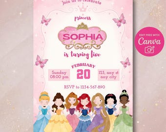 Könnte beinhalten: Rosa Prinzessinnen-Geburtstagseinladung mit dem Namen "Sophia" und dem Text "wird fünf". Enthält Illustrationen von Prinzessinnen und Schmetterlingen sowie Datum, Uhrzeit und RSVP-Informationen. Kostenlose Bearbeitung mit Canva.