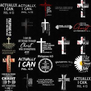 Puede incluir: Una colección de diseños gráficos sobre un fondo negro, con cruces, texto y citas inspiradoras. Las frases incluyen "Todo lo puedo en Cristo que me fortalece" y "De hecho, puedo. Fil. 4:13."
