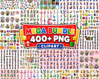 Könnte beinhalten: Eine Sammlung farbenfroher Super Mario Bros. PNG-Clipart-Bilder. Das Bild zeigt verschiedene Charaktere, Gegenstände und Szenen aus der beliebten Videospielserie, darunter Mario, Luigi, Prinzessin Peach und mehr. Das Bild enthält den Text "MEGA BUNDLE 400+ PNG CLIPART".
