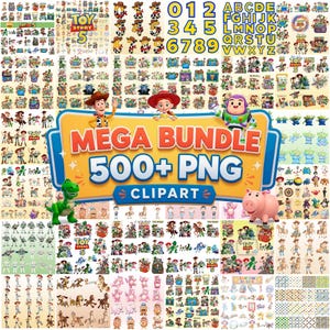 Puede incluir: Una colección digital de imágenes prediseñadas de personajes de Toy Story que incluye a Woody, Jessie, Buzz Lightyear, Rex y Hamm. La imagen muestra cientos de ilustraciones individuales, números y letras, con una pancarta central que dice MEGA BUNDLE 500+ PNG CLIPART.