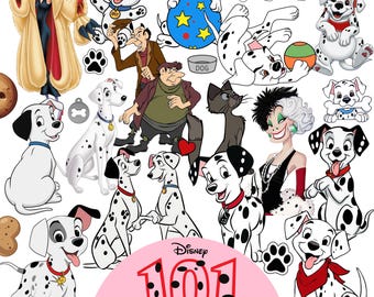 May include: A collection of 101 Dalmatians characters including puppies, Cruella de Vil, Horace and Jasper, and a cat. The graphic features various poses of spotted dogs, a dog bowl, paw prints, and the Disney 101 Dalmatians logo in red text.