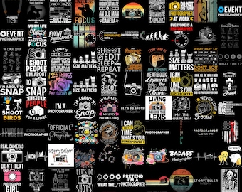 May include: A collection of various graphic designs featuring cameras, photography equipment, and text-based slogans related to photography, all displayed on a black background in a grid-like arrangement for apparel or sticker printing.