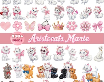 May include: A collection of 130+ digital PNG files featuring Marie from The Aristocats in various poses, alongside pink bows, hearts, flowers, a butterfly, and a crown. The set includes illustrations of white, orange, and gray kittens.