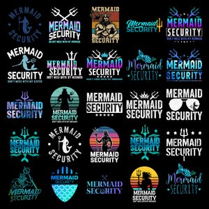 Puede incluir: Una colección de diseños con temática de sirenas sobre un fondo negro. Los diseños presentan el texto "Mermaid Security" con varias ilustraciones de sirenas, tridentes y elementos náuticos. La paleta de colores incluye azules, morados y blanco.