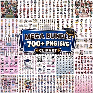 Puede incluir: Un conjunto de imágenes prediseñadas digitales con varios personajes, incluidos superhéroes, personajes de Disney y Snoopy. La imagen central dice "MEGA BUNDLE 700+ PNG | SVG CLIPART" con un gorro de graduación.