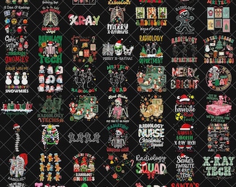May include: A collection of digital graphic designs featuring Christmas-themed radiology and X-ray motifs. The images include skeletons, gingerbread people, gnomes, and Santa hats with text such as Radiology Tech, Merry X-Raymas, and Radiology Squad.