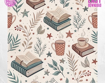 Bücher und Kaffee Muster: Beige Stoff Druck (Digitaler Download)