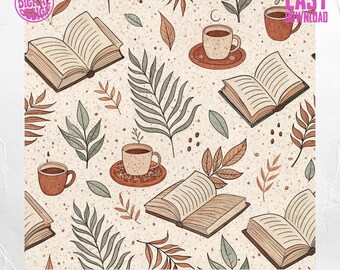 Kaffee Bücher nahtlose Muster: Beige Tumbler Stoff Design (digitaler Download)