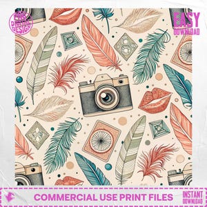 May include: A digital design with a repeating pattern of vintage cameras, feathers, lips, and geometric shapes in beige, teal, coral, and tan. The text "COMMERCIAL USE PRINT FILES" is at the bottom.