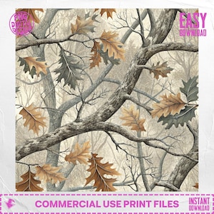 Könnte beinhalten: Ein digitales Tarnmuster mit Ästen und Eichenblättern in Braun-, Grau- und Beigetönen. Das Design enthält den Text "EASY DOWNLOAD" und "COMMERCIAL USE PRINT FILES".