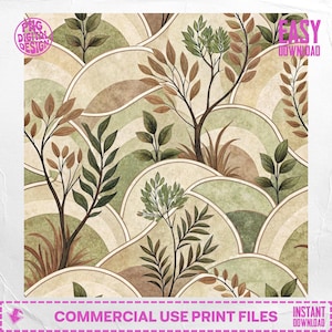 May include: Digital design featuring a repeating pattern of stylized trees and foliage in shades of green, brown, and beige. The design includes the text "PNG DIGITAL DESIGN", "EASY DOWNLOAD", "COMMERCIAL USE PRINT FILES", and "INSTANT DOWNLOAD".