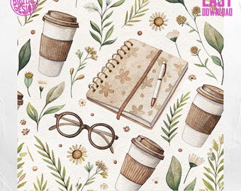 Floral Coffee Shop nahtlose Muster: beige Stoff-Design (digitaler Download)