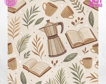 Kaffee Bücher Muster: Beige Cafe Design (Digitaler Download)