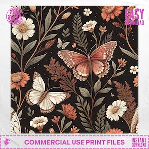May include: A digital print featuring a repeating pattern of butterflies, flowers, and foliage in shades of peach, cream, and brown against a black background. The design includes daisies, and other floral elements. The words "COMMERCIAL USE PRINT FILES" are at the bottom.