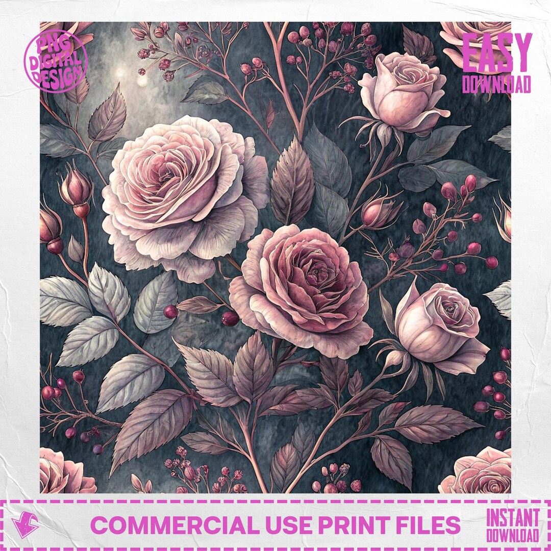 Gothic Roses Digital Seamless Pattern: Dark Floral (PNG, Commercial Use ...