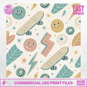Peut inclure: Motif répétitif avec des planches à roulettes, des visages souriants, des éclairs et des feuilles beiges, turquoise et jaunes. Les mots "PNG DIGITAL DESIGN" et "COMMERCIAL USE PRINT FILES" sont visibles. Les mots "EASY DOWNLOAD" et "INSTANT DOWNLOAD" sont également visibles.