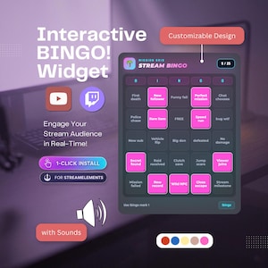 Könnte beinhalten: Ein interaktives BINGO-Widget für Streaming mit einem dunklen Raster und rosa sowie grauen Quadraten. Der Text umfasst "Interactive BINGO! Widget," "STREAM BINGO," "1-CLICK INSTALL," "FOR STREAMELEMENTS," "Customizable Design," und "with Sounds."