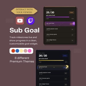Könnte beinhalten: Ein digitaler Bildschirm, der ein "Sub Goal"-Widget mit Fortschrittsbalken und Text zeigt. Das Widget verfolgt Meilensteine und zeigt Ziele von "25/30" und "26/30" an. Das Bild enthält auch den Text "Interact with Your Viewers" und "8 different Premium Themes".
