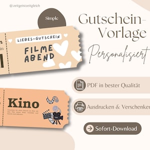 Könnte beinhalten: Zwei pfirsichfarbene Gutschein-Designs mit Text. Einer sagt "FILME ABEND" und der andere "Kino". Das Bild enthält auch den Text "Gutschein-Vorlage Personalisiert" und Symbole für PDF, Drucken und Sofort-Download.