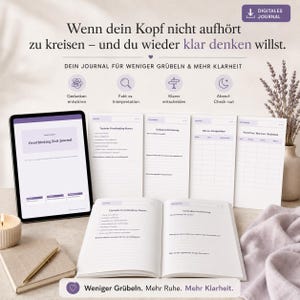 May include: A digital journal titled Overthinking Exit Journal displayed on a tablet and printed pages. The layout features sections for thought patterns, fact versus interpretation, and decision-making, with purple accents and text in German.