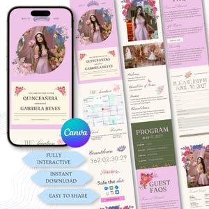 Könnte beinhalten: Digitale Einladung zur Quinceañera mit einem Foto einer jungen Frau in einem rosa Kleid, floralen Dekorationen und Veranstaltungsdetails. Das Design enthält den Namen "Gabriela Reyes". Die Einladung wurde mit Canva entworfen.