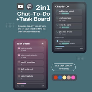 May include: A digital interface with the text "2in1 Chat-To-Do + Task Board." The interface displays a task list and a task board, with options to organize tasks live on stream. Includes color-coded task control options.