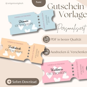 Puede incluir: Una descarga digital con tres plantillas de vales de regalo en colores pastel: azul, melocotón y rosa. Cada certificado está etiquetado con un tema diferente: Cena, Desayuno y Bienestar. El diseño incluye formas de corazón y el texto "Personalizado".