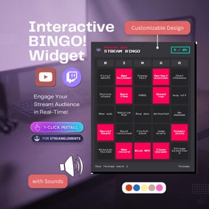 May include: An interactive stream bingo widget featuring a dark gray grid with pink highlighted squares containing text like New follower, Rare item, and Secret found. The interface includes YouTube and Twitch icons, 1-click install buttons, and sound effects labels.