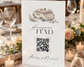 Biglietto di raccolta fondi per la luna di miele stampabile | Cartello nuziale "Just Married" con design floreale ad acquerello e codice QR | Download immediato del modello Canva