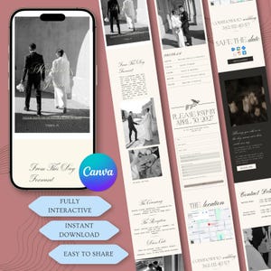 Könnte beinhalten: Eine digitale Hochzeitseinladung, die auf einem Smartphone angezeigt wird und Schwarz-Weiß-Fotos eines Paares zeigt. Die Einladung enthält Veranstaltungsdetails, RSVP-Informationen und einen Countdown-Timer. Das Canva-Logo ist sichtbar.