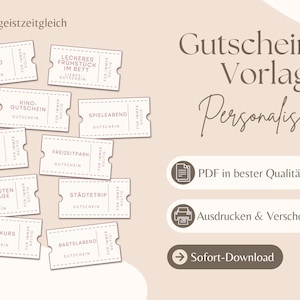 Könnte beinhalten: Eine Sammlung druckbarer Gutscheinvorlagen in einem beigen Farbschema. Die Gutscheine sind wie Tickets geformt und zeigen verschiedene Aktivitäten wie Filmabend, Frühstück im Bett und einen Städtetrip. Der Text "Gutschein-Vorlage Personalisiert" ist ebenfalls sichtbar.