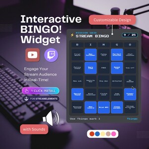 Könnte beinhalten: Ein interaktives digitales Bingo-Widget für Live-Streaming mit einem dunkelgrauen Raster und blauen Quadraten, die Text wie New follower, Perfect mission und Secret found enthalten. Enthält Schaltflächen für die Installation und Soundeffekte.