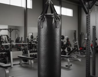 Jet Black Heavy Leather Punching Bag, Cowhide Leather Punching Bag - Heavy Duty Boxing MMA Training, MMA, Kickboxing bag.