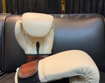 Handcrafted Cream Brown Leather Boxing Gloves, Vintage Style Sparring MMA Gear