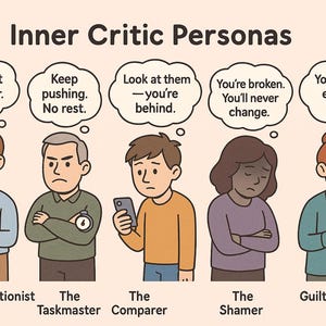 May include: Illustration titled "Inner Critic Personas" depicting five figures, each representing a different negative self-talk style. Text bubbles above each figure display phrases like "You must do better" and "You're broken."