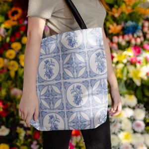 Blue Delft Tile Floral Tote Bag | Hand Drawn Pattern | All-Over Print