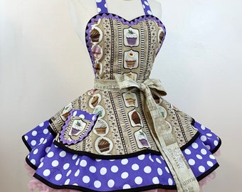 Cupcake Bakery Pinup Apron, Purple Polka Dot Retro Apron