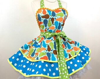 Retro Woman's Apron, Pears Galore, Blue and Green Kitchen Couture