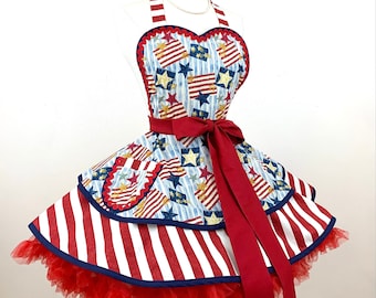 Valor Patriotic Apron, PInUp Apron, Red, White and Blue, USA Retro Apron