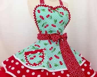 Retro Apron / Mint Cherry Dot Pin Up Diner Apron - Woman's Apron, Kitchen and Hostess Apron