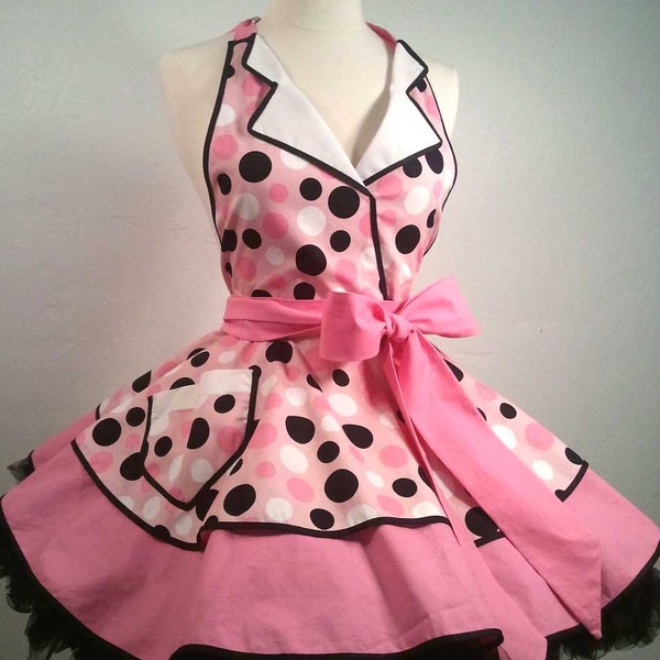 Betty the Car Hop Pin Up Apron, Sexy Costume Apron Pink & Black Polka Dots