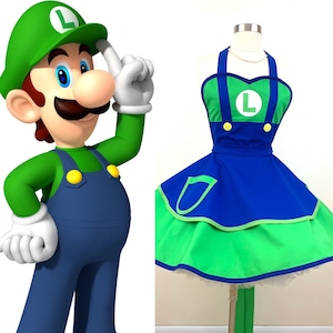 Luigi The Plumber Costume Apron, Nintendo Mario Bros Geek Girl, Comicon Cosplay, Halloween Costume, Woman's Apron