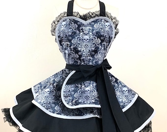 Skull Damask Costume Apron, Gothic Maid Outfit, Women's