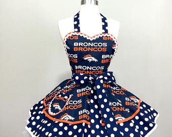 Denver Broncos Football Pin Up Apron, NFL Sports Fan, Tailgate Hostess Apron for Women